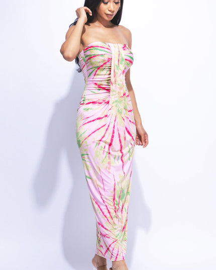 Sunburst tie dye printed draped tube maxi dress - Muvin 