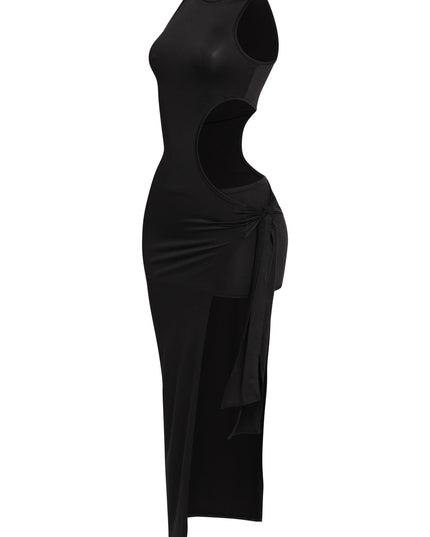 Sleek black bodycon maxi dress with side tie and thigh slit


