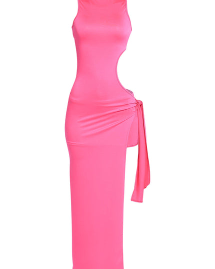 Hot pink mock neck maxi dress with curve-hugging cutout waist

