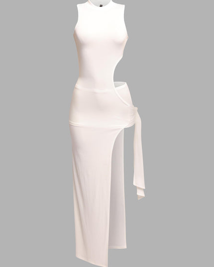 White bodycon maxi dress with waist cutout and tie slit detail

