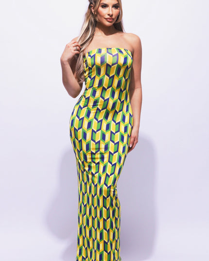 Multi colored geo print tube maxi dress - Muvin 