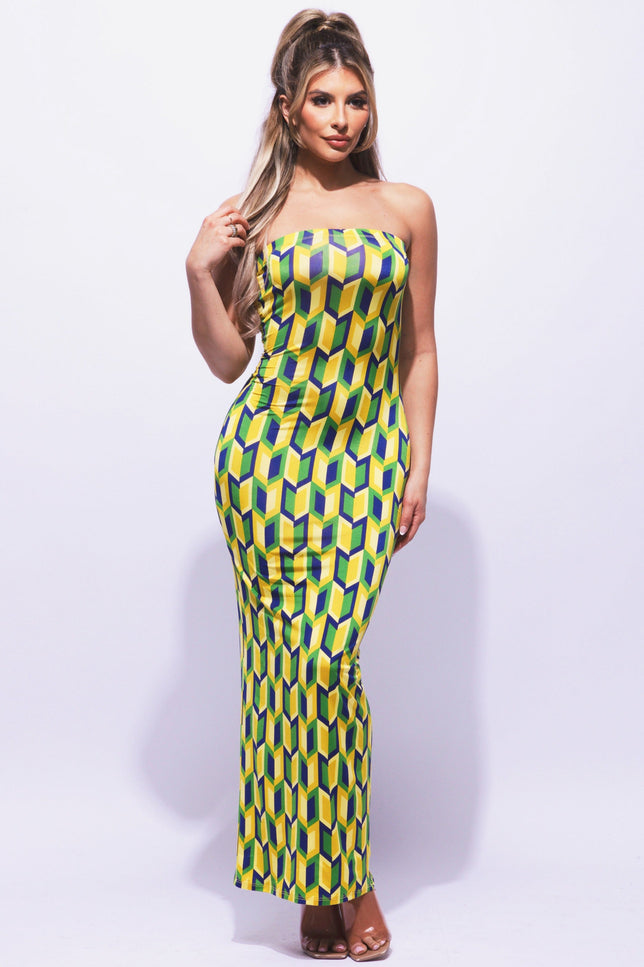Multi colored geo print tube maxi dress - Muvin 