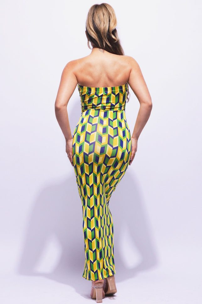 Multi colored geo print tube maxi dress - Muvin 
