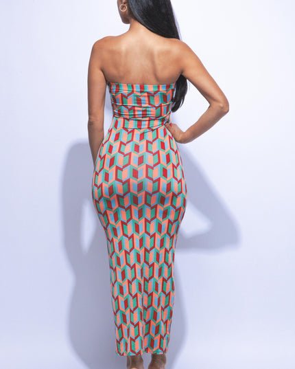 Multi colored geo print tube maxi dress - Muvin 