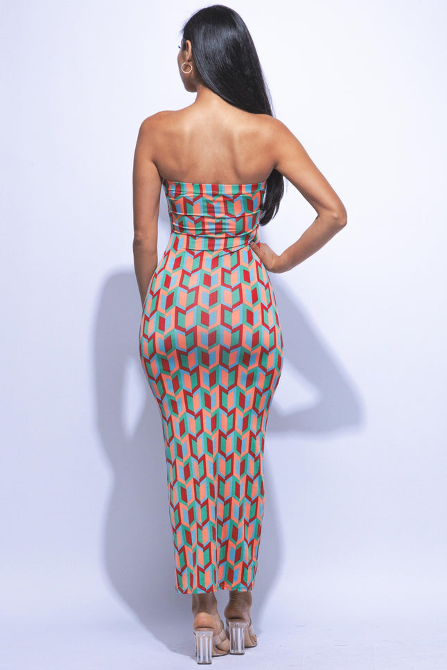 Multi colored geo print tube maxi dress - Muvin 