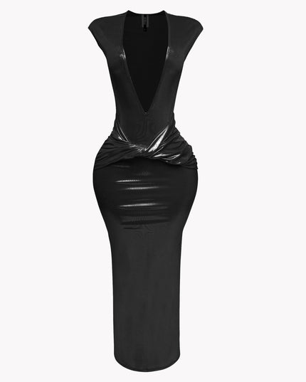 Covered shoulder cuffs deep V neck maxi dress - Muvin 