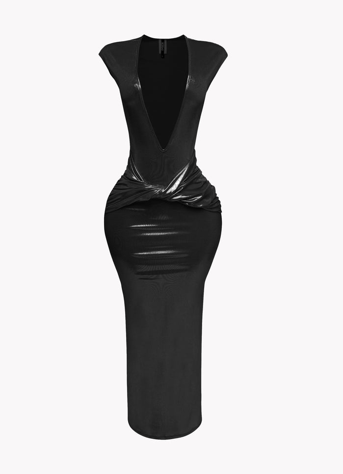 Covered shoulder cuffs deep V neck maxi dress - Muvin 