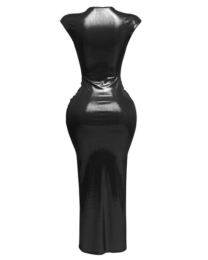 Covered shoulder cuffs deep V neck maxi dress - Muvin 