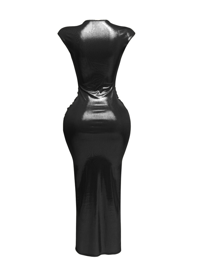 Covered shoulder cuffs deep V neck maxi dress - Muvin 