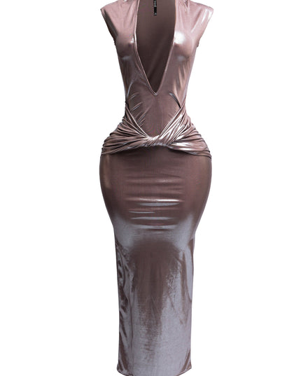Covered shoulder cuffs deep V neck maxi dress - Muvin 