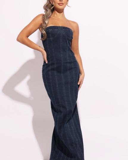 Stitching detailed denim tube maxi dress - Muvin 