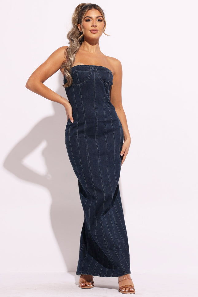 Stitching detailed denim tube maxi dress - Muvin 