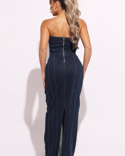 Stitching detailed denim tube maxi dress - Muvin 