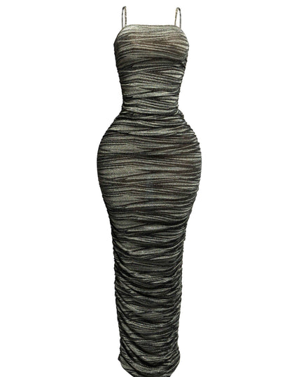 Metallic fabric all over ruched maxi dress - Muvin 