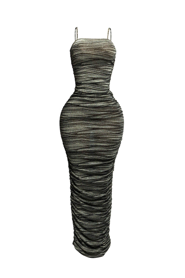 Metallic fabric all over ruched maxi dress - Muvin 