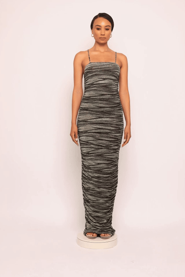 Metallic fabric all over ruched maxi dress - Muvin 