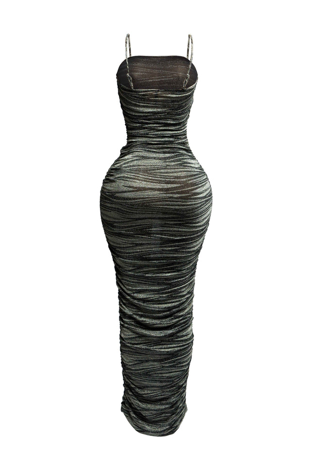 Metallic fabric all over ruched maxi dress - Muvin 