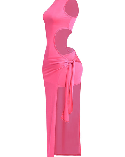 Bright pink sleeveless bodycon with dramatic slit and side tie

