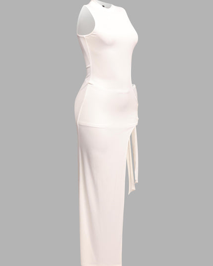White fitted maxi dress with side tie and high-cut leg opening

