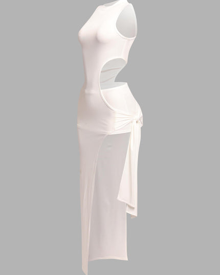 Side view of white sleeveless mock neck dress with hip slit

