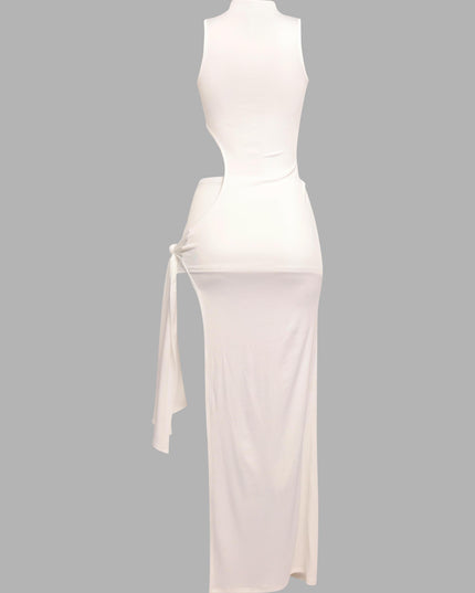 Back angle of white cutout maxi with stretchy sleek finish


