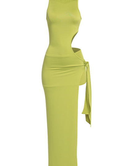 Lime green maxi dress with waist cutout and mock neckline

