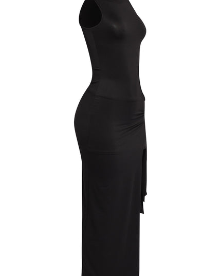 Elegant yet edgy black cutout dress with curve-hugging shape

