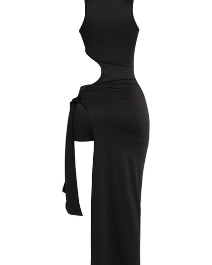Minimal black stretch maxi dress with bold waist cutout

