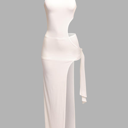 White bodycon maxi dress with waist cutout and tie slit detail

