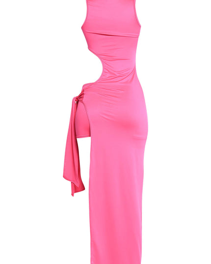 Feminine pink stretch maxi dress with waist reveal and mock neckline

