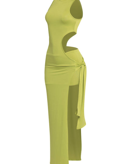 Vibrant lime bodycon with side slit and dramatic tie detail

