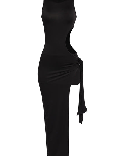 Black sleeveless cutout maxi with slit detail and mock neck

