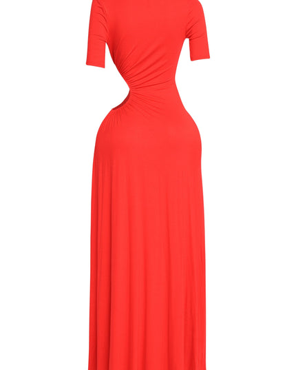 Chic red dress with cutout waist, gathered center detail, and elongated hem

