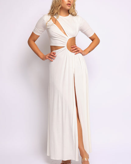White cutout maxi dress in soft rayon blend with sleek modern silhouette

