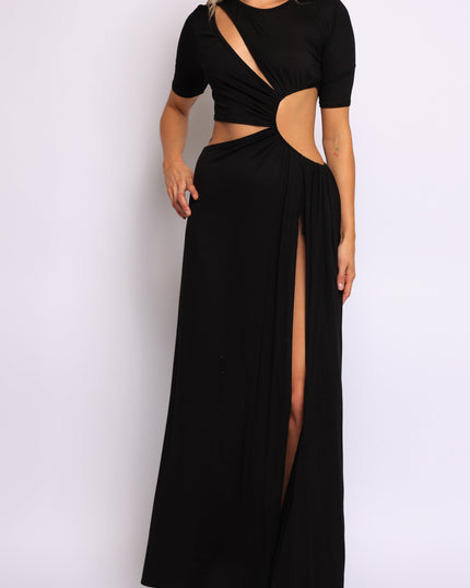 Black twist front cutout maxi dress with side slit and sculpted bodycon fit

