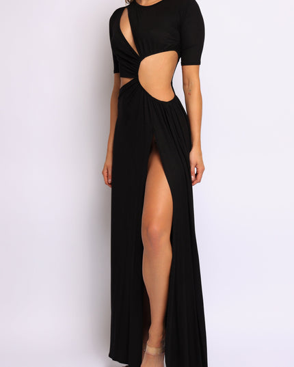 Stretch jersey black cutout dress with high slit and modern asymmetrical design

