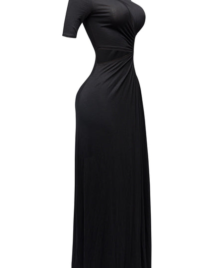 Edgy black maxi dress with short sleeves, waist cutout, and sleek body contouring

