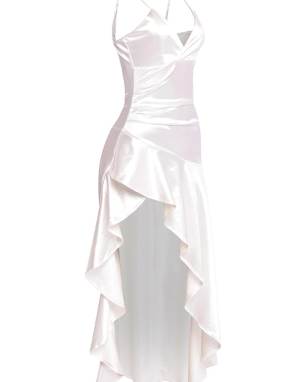 Front view of glossy white ruffle maxi dress with stretch fit

