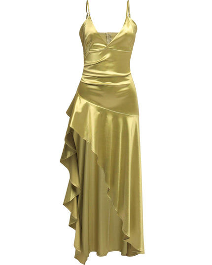 Glossy sage green gown with adjustable straps and ruffle skirt detail

