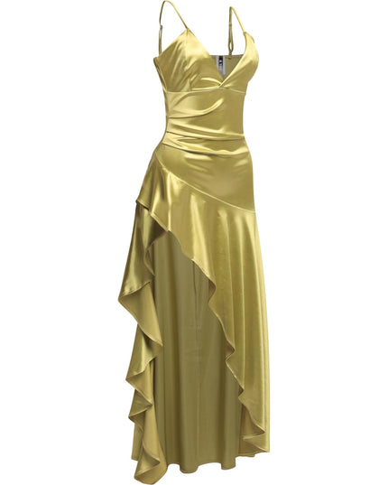 Sage satin dress with draped silhouette and deep V neckline

