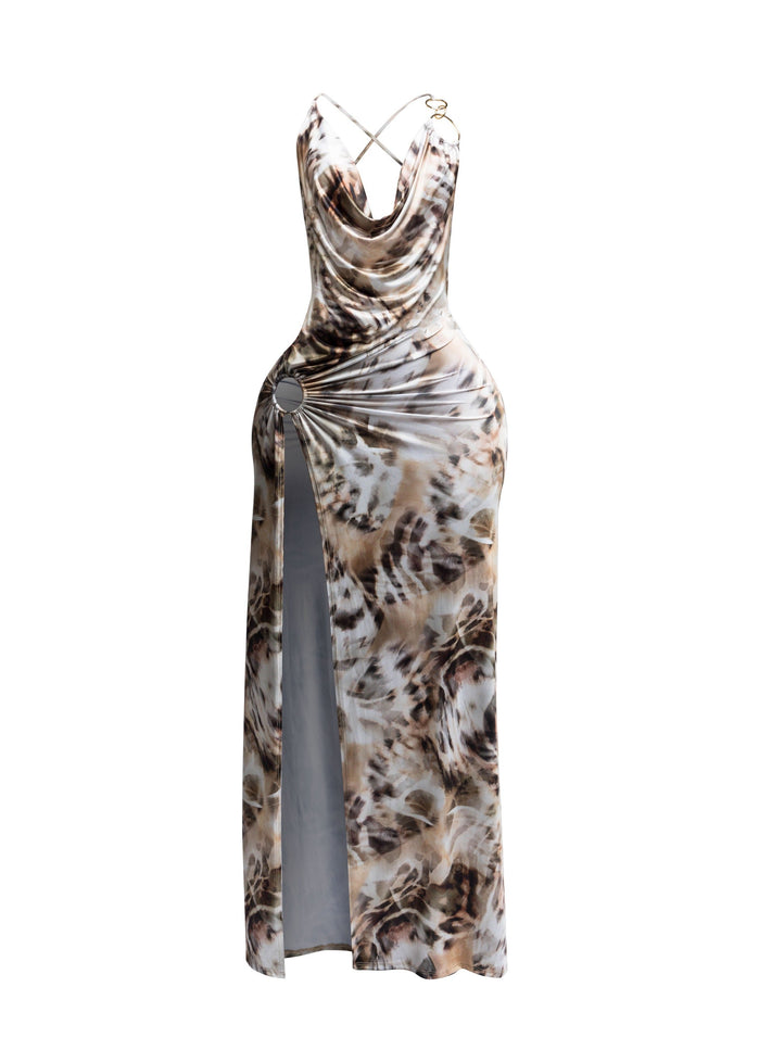 Cowl neck open back side slit open maxi dress - Muvin 