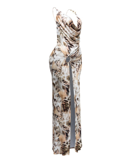Cowl neck open back side slit open maxi dress - Muvin 
