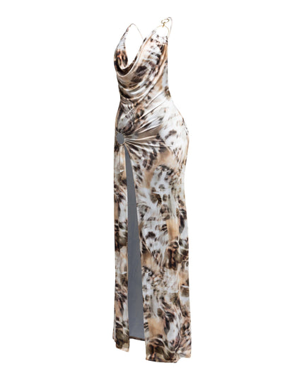 Cowl neck open back side slit open maxi dress - Muvin 