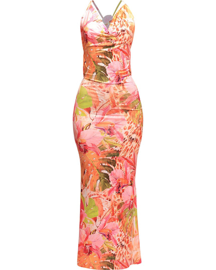 Tropical floral spaghetti strap maxi dress with cowl neckline and flared hem

