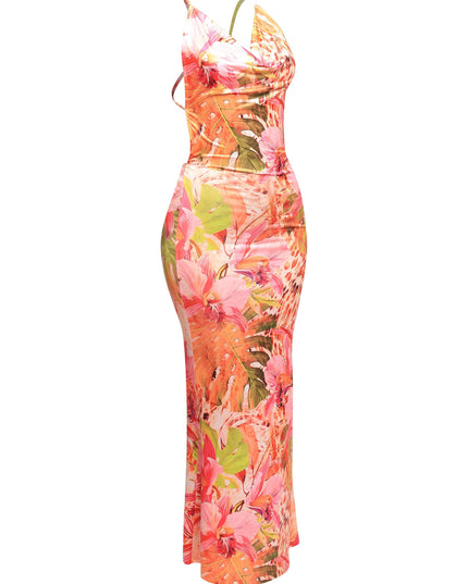 Backless cross-strap pink tropical dress with fitted waist and stretch fabric


