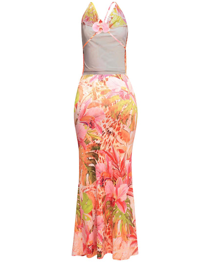 Slim-fit summer floral dress with vibrant pink and green print and flared bottom

