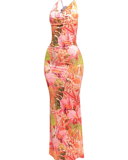 Sleeveless tropical maxi dress with pull-on fit and bold hibiscus pattern

