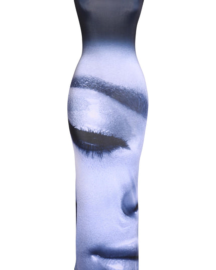 Fashion-forward maxi dress featuring abstract female portrait and sleek tube top


