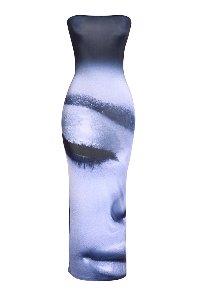 Fashion-forward maxi dress featuring abstract female portrait and sleek tube top

