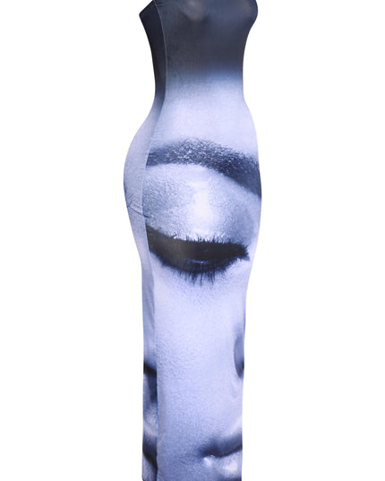 Artistic print strapless maxi dress with subtle gradient and modern fit

